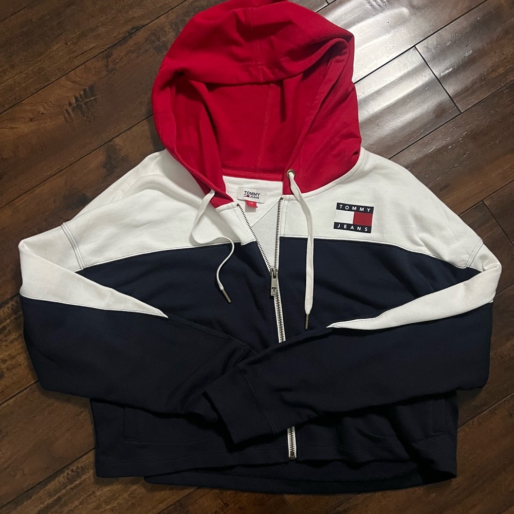 Tommy Hilfiger Red and White Zip-Up Hoodie